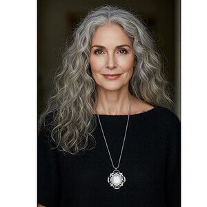 NECKLACE - Long silver with jeweled medallion at base